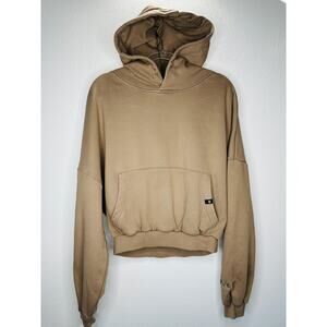 Popflex Tan Taupe Kangaroo Pocket Drop Shoulder Crop Pullover Hoodie S/M